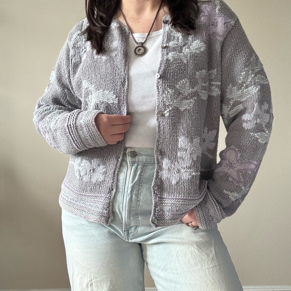 Eddie Bauer Gray Floral Hand Knit Cardigan
